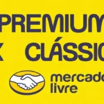 Arte com texto Premium x Clássico e logo do Mercado Livre sobre fundo amarelo, ilustrando a comparação entre os planos Classic, Gold e Platinum para vendedores