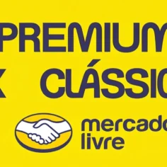 Arte com texto Premium x Clássico e logo do Mercado Livre sobre fundo amarelo, ilustrando a comparação entre os planos Classic, Gold e Platinum para vendedores