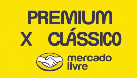 Arte com texto Premium x Clássico e logo do Mercado Livre sobre fundo amarelo, ilustrando a comparação entre os planos Classic, Gold e Platinum para vendedores