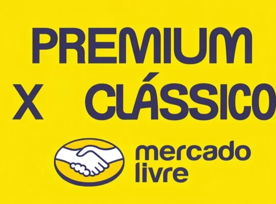 Arte com texto Premium x Clássico e logo do Mercado Livre sobre fundo amarelo, ilustrando a comparação entre os planos Classic, Gold e Platinum para vendedores