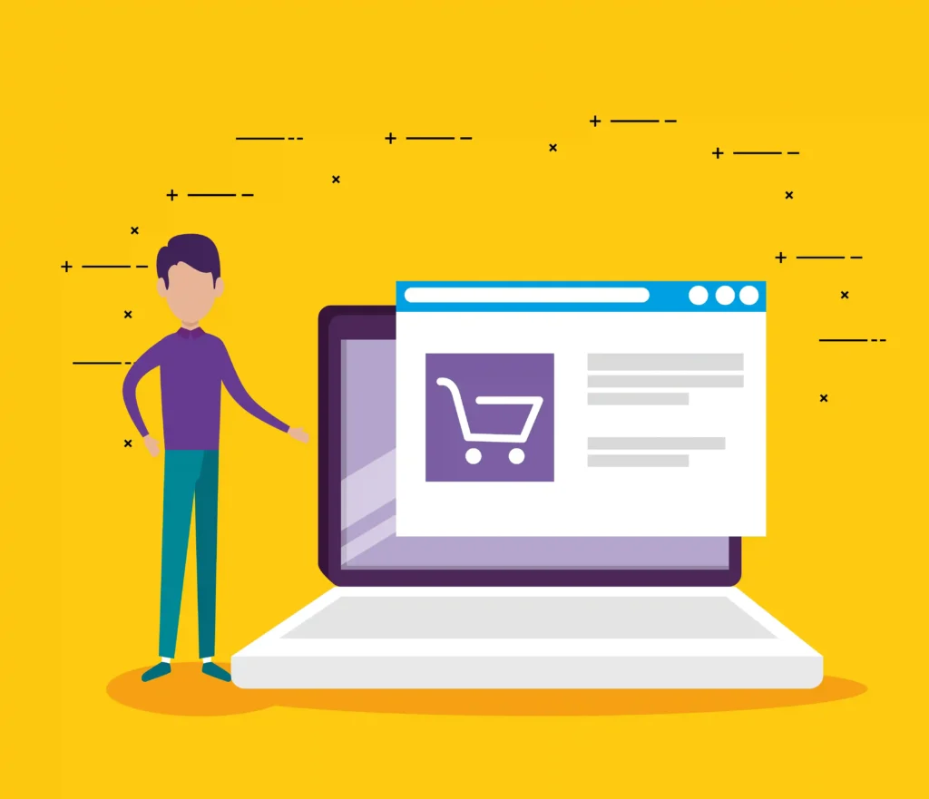 Ilustração de um vendedor apresentando uma página de produto em um laptop, representando o momento certo de entrar em uma nova categoria no Mercado Livre