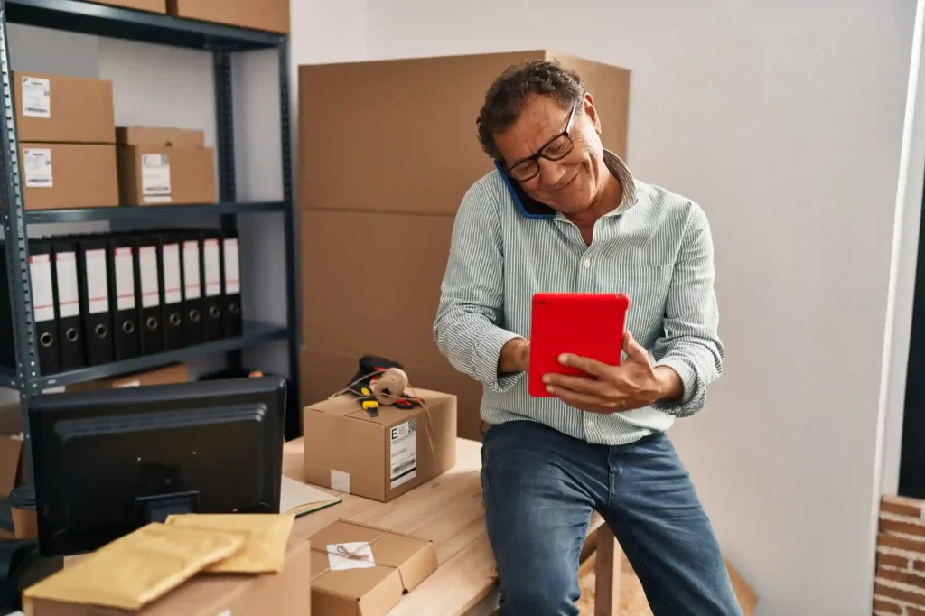 Empreendedor ao telefone consultando tablet em depósito com caixas ao fundo, representando a negociação com fornecedor no Mercado Livre para melhorar margem no e-commerce