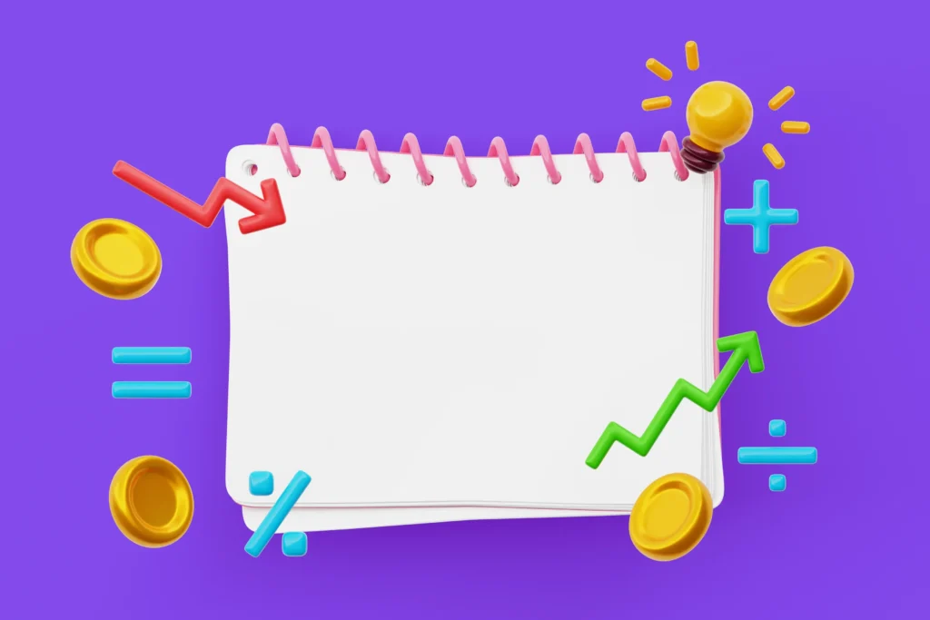 Ilustração 3D de caderno com setas de alta e baixa, moedas e operações matemáticas, representando o recálculo de margem e precificação diante da reforma tributária antes de 2027