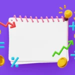 Ilustração 3D de caderno com setas de alta e baixa, moedas e operações matemáticas, representando o recálculo de margem e precificação diante da reforma tributária antes de 2027