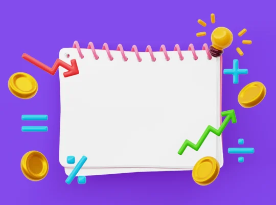 Ilustração 3D de caderno com setas de alta e baixa, moedas e operações matemáticas, representando o recálculo de margem e precificação diante da reforma tributária antes de 2027
