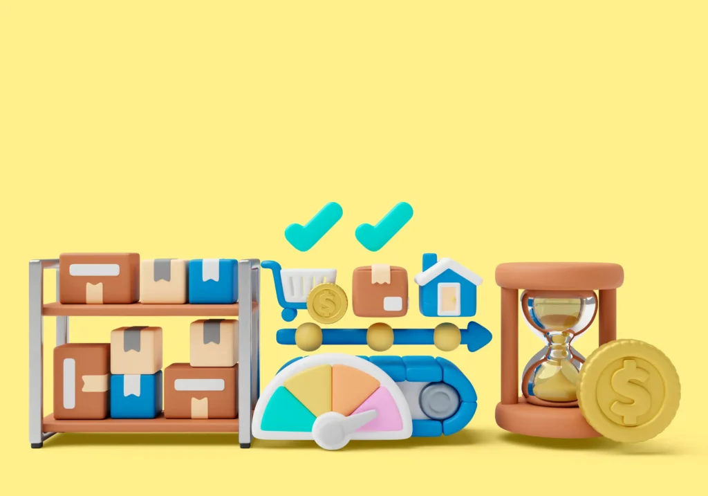 Ilustração 3D de estoque, fluxo de entrega, medidor de desempenho e moeda com ampulheta, representando a análise de viabilidade para entrar em nichos lucrativos de cauda longa no Mercado Livre