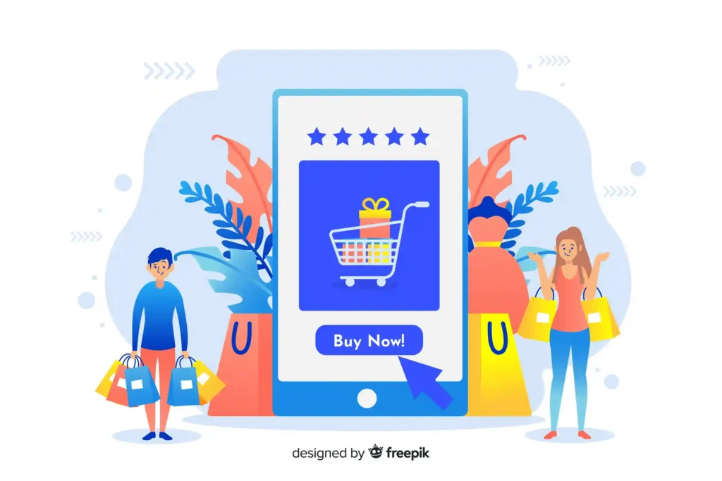 Ilustração de pessoas comprando online com avaliação de cinco estrelas em um smartphone, representando como funciona a reputação no Mercado Livre