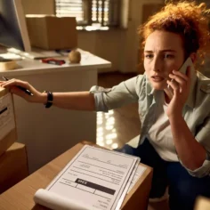 Vendedora preocupada ao telefone verificando caixas e notas fiscais, representando os erros de logística e a responsabilidade do vendedor no marketplace