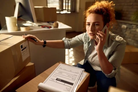 Vendedora preocupada ao telefone verificando caixas e notas fiscais, representando os erros de logística e a responsabilidade do vendedor no marketplace