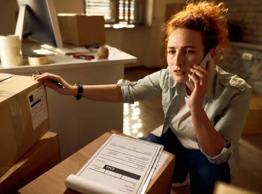 Vendedora preocupada ao telefone verificando caixas e notas fiscais, representando os erros de logística e a responsabilidade do vendedor no marketplace