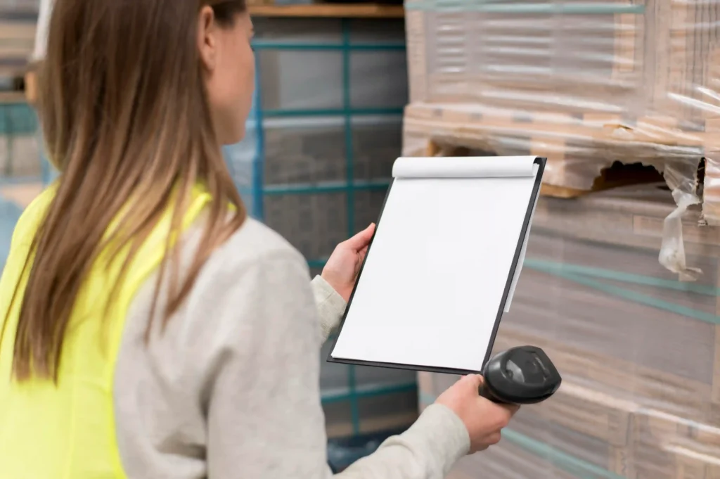 Operadora de estoque com scanner e prancheta em galpão, ilustrando o uso dos dados do scanner de catálogo de fornecedor JoomPulse para decisões de compra