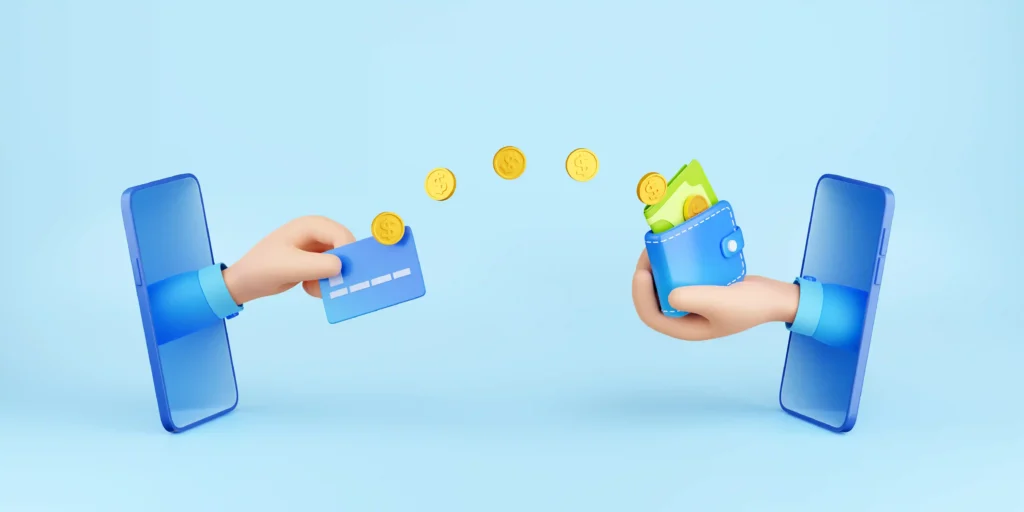 Ilustração de transferência digital entre dois smartphones com cartão e carteira, representando o split payment na reforma tributária e seus efeitos no e-commerce