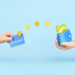 Ilustração de transferência digital entre dois smartphones com cartão e carteira, representando o split payment na reforma tributária e seus efeitos no e-commerce