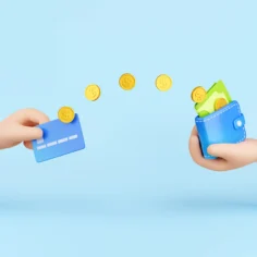 Ilustração de transferência digital entre dois smartphones com cartão e carteira, representando o split payment na reforma tributária e seus efeitos no e-commerce