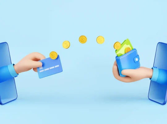 Ilustração de transferência digital entre dois smartphones com cartão e carteira, representando o split payment na reforma tributária e seus efeitos no e-commerce
