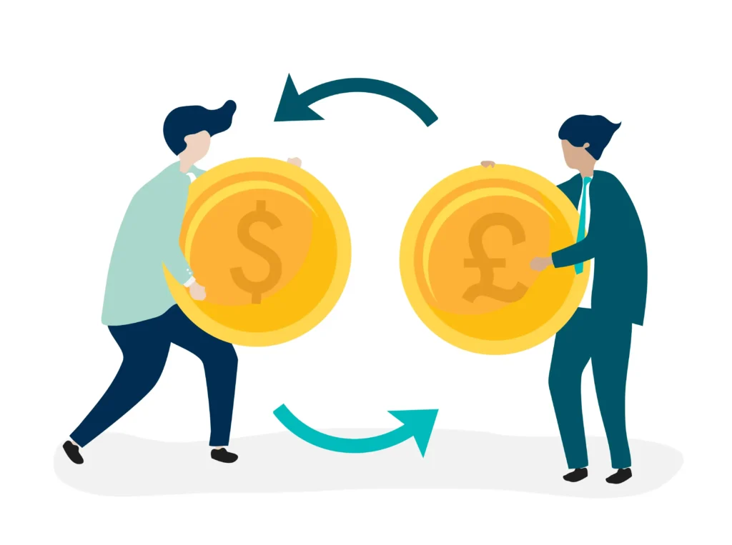Ilustração de duas pessoas trocando moedas grandes com setas circulares, representando o impacto do split payment no capital de giro e a necessidade de adaptação à reforma tributária