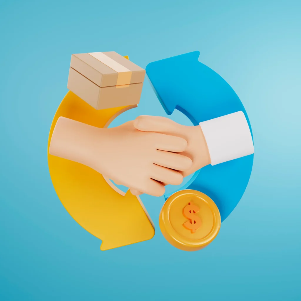 Ilustração 3D de aperto de mão com caixa, moeda e setas circulares, representando a taxa de retorno de clientes no Mercado Livre e a recorrência de compra no e-commerce