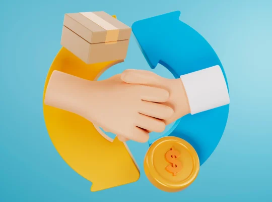 Ilustração 3D de aperto de mão com caixa, moeda e setas circulares, representando a taxa de retorno de clientes no Mercado Livre e a recorrência de compra no e-commerce
