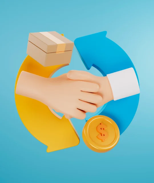 Ilustração 3D de aperto de mão com caixa, moeda e setas circulares, representando a taxa de retorno de clientes no Mercado Livre e a recorrência de compra no e-commerce