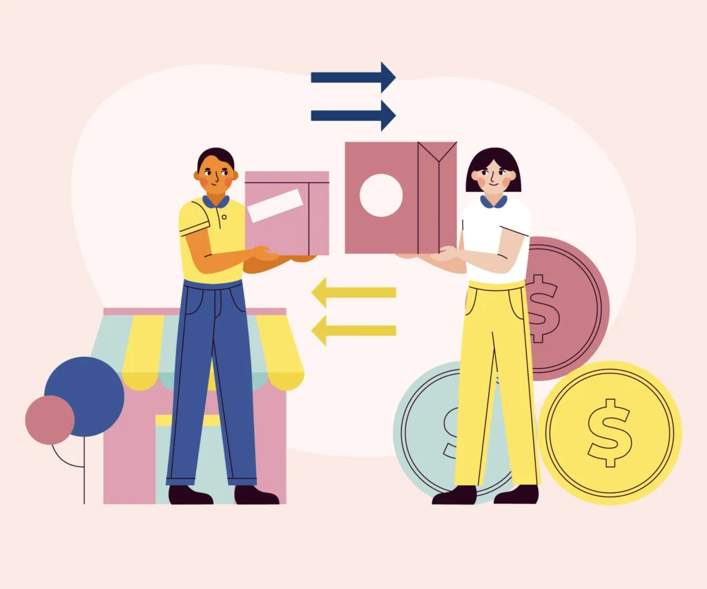 Ilustração de vendedor e comprador trocando caixas com moedas e setas ao fundo, representando a recorrência de compra no Mercado Livre e como fidelizar clientes no e-commerce