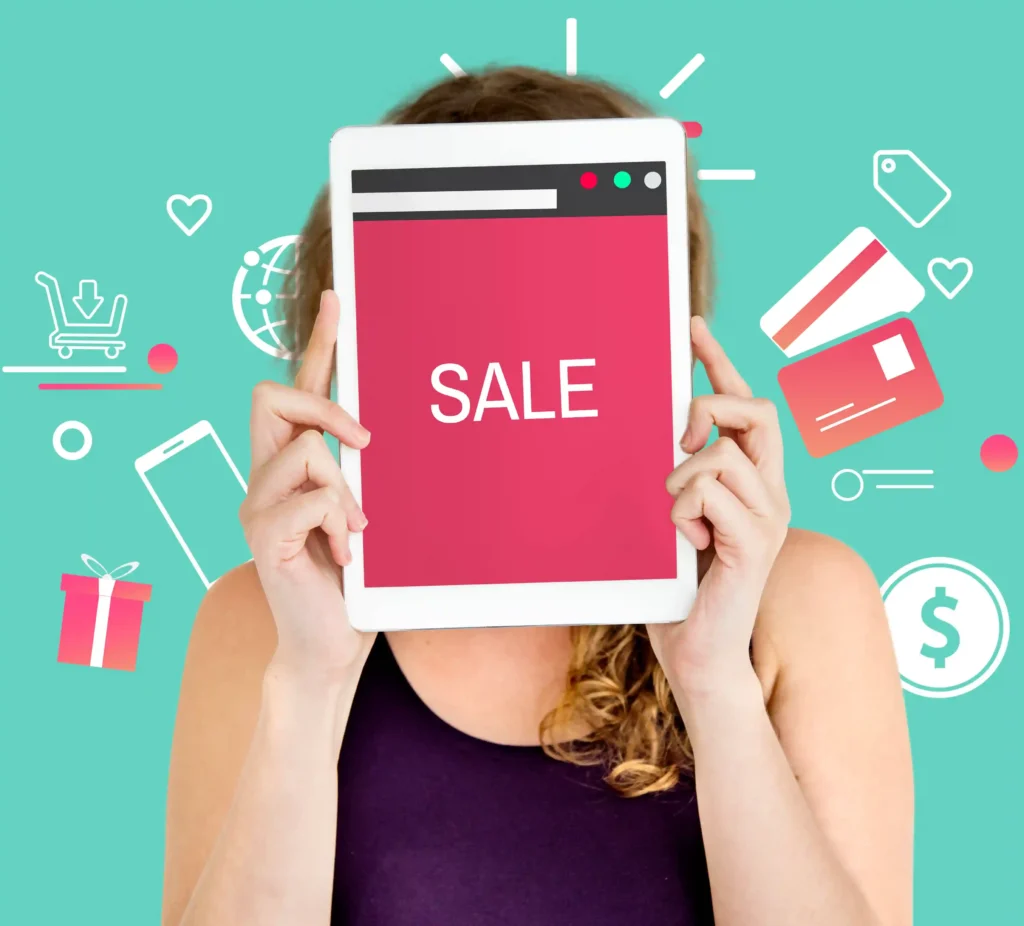 Pessoa segurando tablet com tela de venda e ícones de e-commerce ao redor, representando a preparação da loja para datas sazonais no Mercado Livre antes do pico de busca