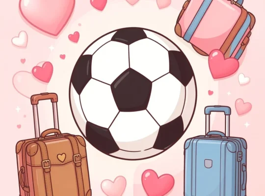 Ilustração com bola de futebol, malas de viagem e corações, representando as principais datas sazonais para vender no Mercado Livre como Copa, férias e Dia dos Namorados