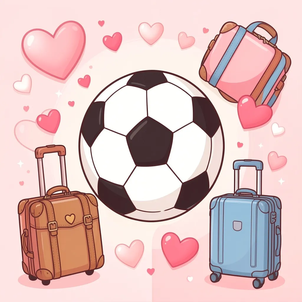 Ilustração com bola de futebol, malas de viagem e corações, representando as principais datas sazonais para vender no Mercado Livre como Copa, férias e Dia dos Namorados
