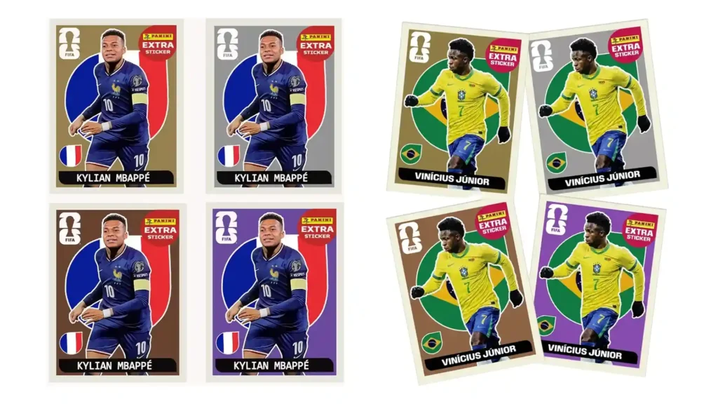 Figurinhas extra sticker Panini do álbum Copa 2026 com jogadores de França e Brasil, representando oportunidades de vender figurinhas raras e acessórios no Mercado Livre