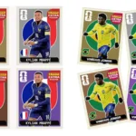 Figurinhas extra sticker Panini do álbum Copa 2026 com jogadores de França e Brasil, representando oportunidades de vender figurinhas raras e acessórios no Mercado Livre