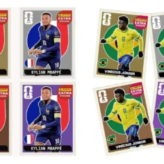 Figurinhas extra sticker Panini do álbum Copa 2026 com jogadores de França e Brasil, representando oportunidades de vender figurinhas raras e acessórios no Mercado Livre