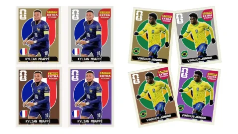 Figurinhas extra sticker Panini do álbum Copa 2026 com jogadores de França e Brasil, representando oportunidades de vender figurinhas raras e acessórios no Mercado Livre