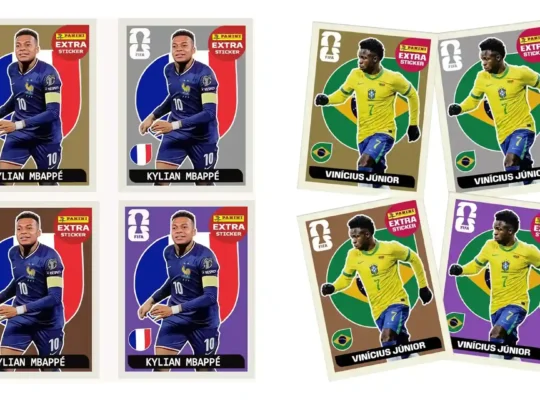 Figurinhas extra sticker Panini do álbum Copa 2026 com jogadores de França e Brasil, representando oportunidades de vender figurinhas raras e acessórios no Mercado Livre