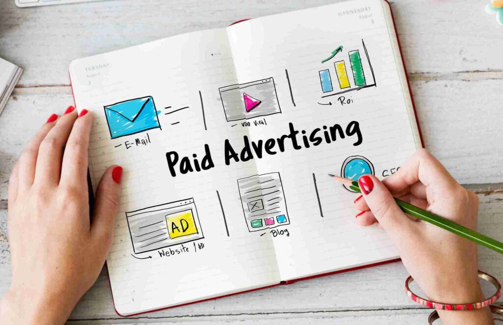 Mãos sobre caderno aberto com esquema desenhado de canais de publicidade paga incluindo e-mail, vídeo, ROI, anúncio em site e blog