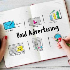 Mãos sobre caderno aberto com esquema desenhado de canais de publicidade paga incluindo e-mail, vídeo, ROI, anúncio em site e blog