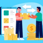 Dois vendedores trocando caixas ao lado de smartphone com catálogo e pilha de moedas, simbolizando crescimento com compra recorrente no e-commerce