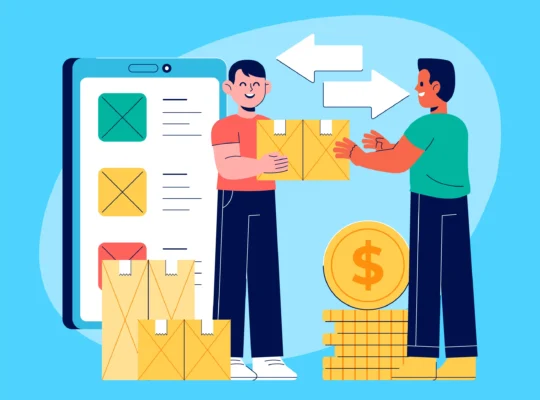 Dois vendedores trocando caixas ao lado de smartphone com catálogo e pilha de moedas, simbolizando crescimento com compra recorrente no e-commerce