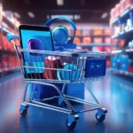 Carrinho de compras metálico com smartphone, fone de ouvido e eletrônicos em corredor de loja iluminado com luz azul e vermelha
