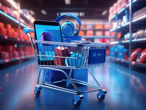 Carrinho de compras metálico com smartphone, fone de ouvido e eletrônicos em corredor de loja iluminado com luz azul e vermelha