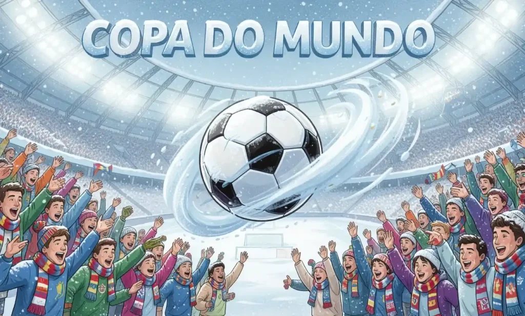 Ilustração de torcedores com cachecóis coloridos celebrando em estádio nevado ao redor de bola de futebol, com texto "Copa do Mundo" ao fundo