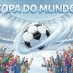 Ilustração de torcedores com cachecóis coloridos celebrando em estádio nevado ao redor de bola de futebol, com texto "Copa do Mundo" ao fundo