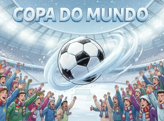 Ilustração de torcedores com cachecóis coloridos celebrando em estádio nevado ao redor de bola de futebol, com texto "Copa do Mundo" ao fundo