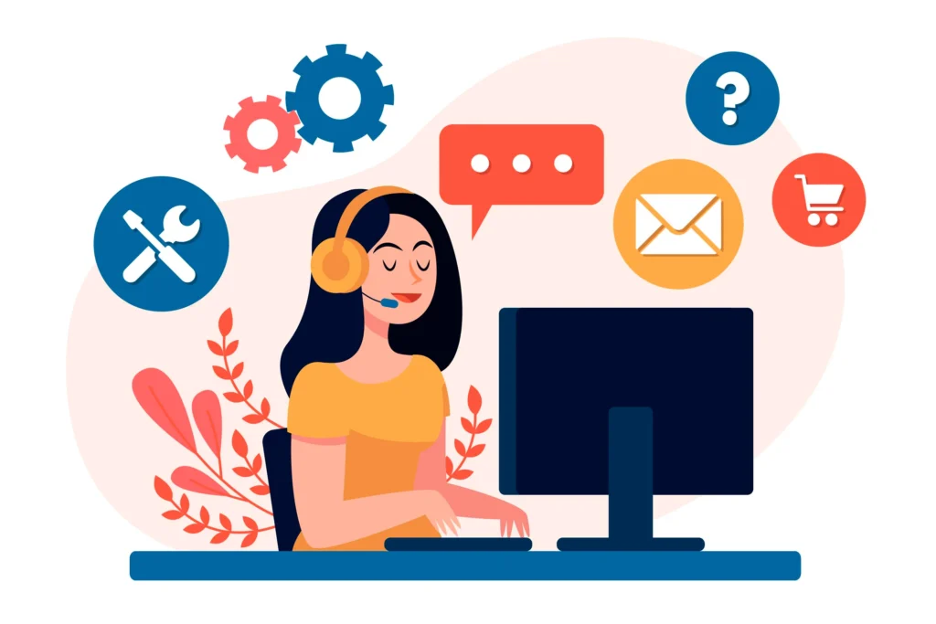 Ilustração de atendente com headset laranja em frente a computador com ícones de suporte, mensagem, e-mail e carrinho ao redor