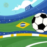 Ilustração de estádio de futebol com bola em movimento e bandeira do Brasil no gramado