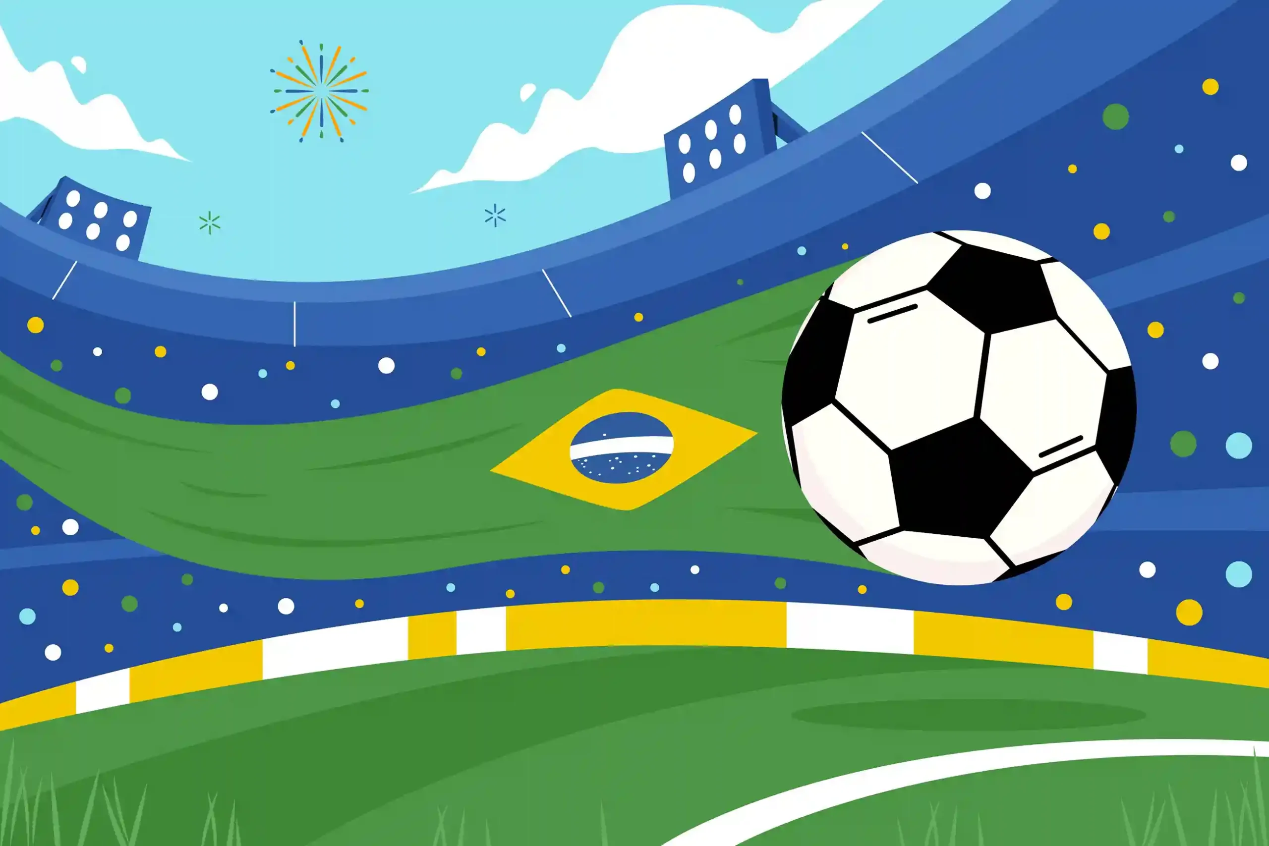 Ilustração de estádio de futebol com bola em movimento e bandeira do Brasil no gramado