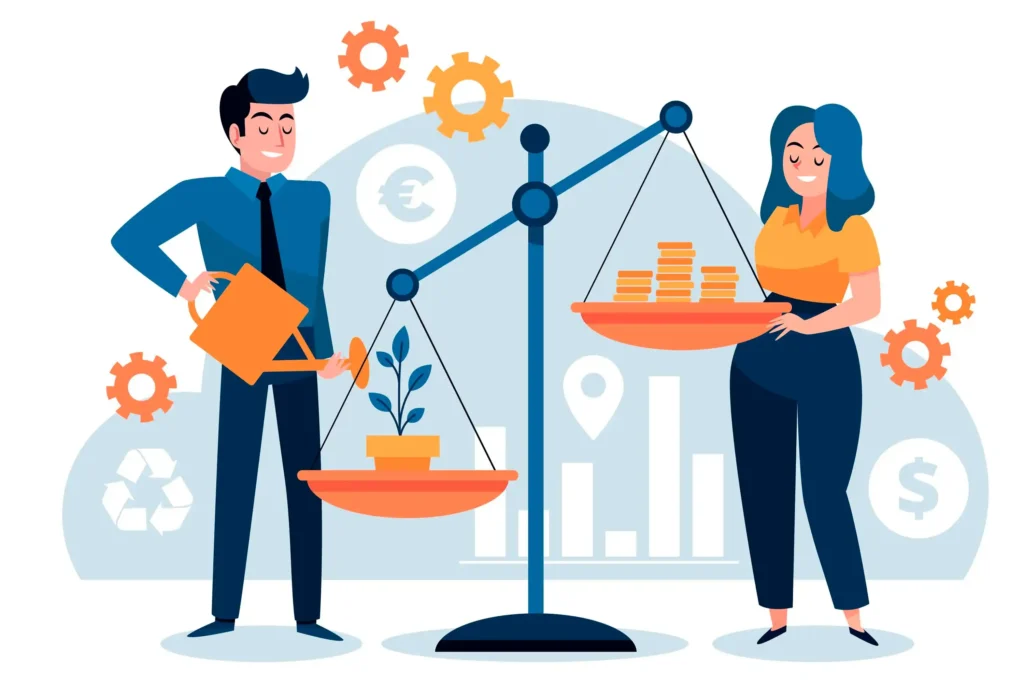 Ilustração de homem e mulher ao lado de balança com planta em um prato e moedas no outro, ícones financeiros ao fundo