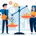 Ilustração de homem e mulher ao lado de balança com planta em um prato e moedas no outro, ícones financeiros ao fundo