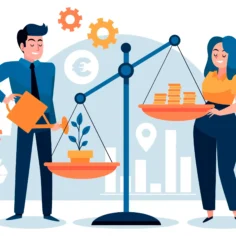 Ilustração de homem e mulher ao lado de balança com planta em um prato e moedas no outro, ícones financeiros ao fundo