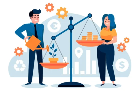Ilustração de homem e mulher ao lado de balança com planta em um prato e moedas no outro, ícones financeiros ao fundo