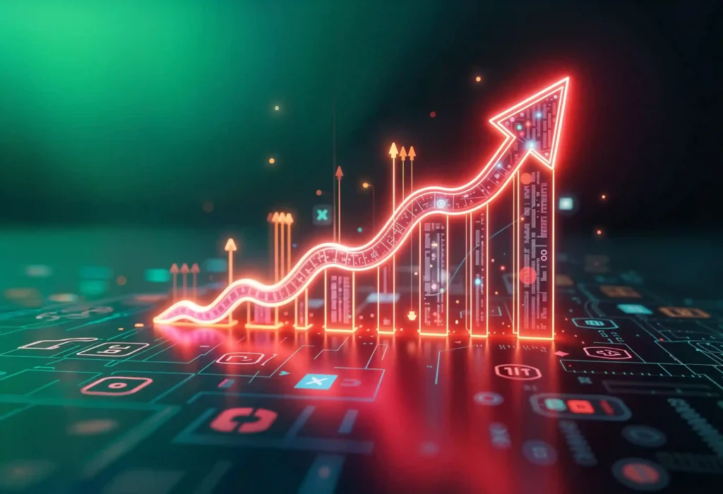 Gráfico digital neon com linha de crescimento ascendente e seta vermelha em ambiente tecnológico tridimensional