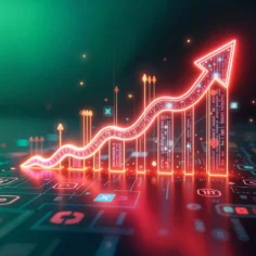 Gráfico digital neon com linha de crescimento ascendente e seta vermelha em ambiente tecnológico tridimensional